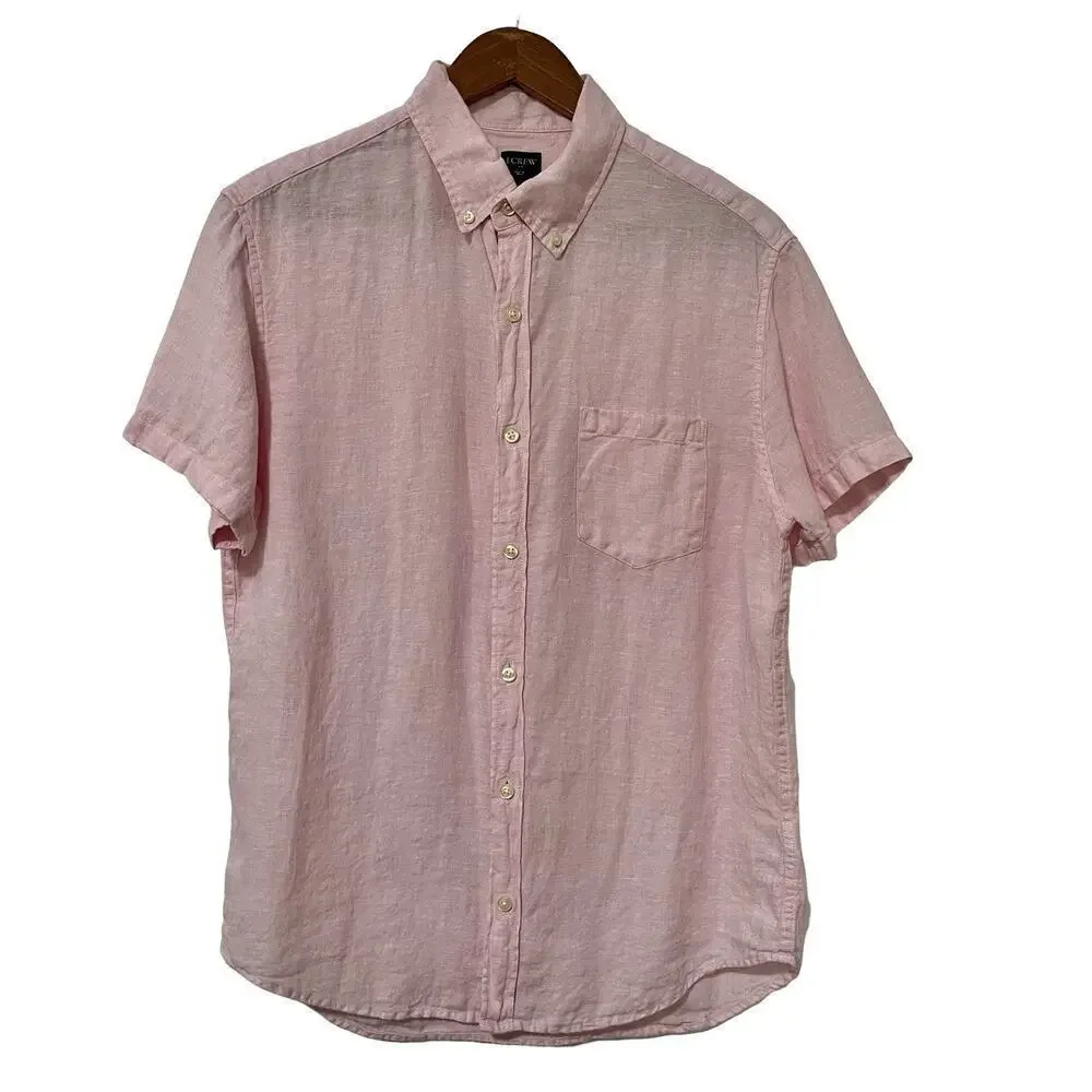 J Crew Mens Linen Short Sleeve Button Up Shirt Size S Pale Pink Coastal Beachy‎
